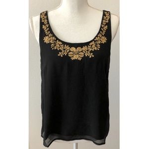 Black Tank Top with Gold Embroidered Flowers
